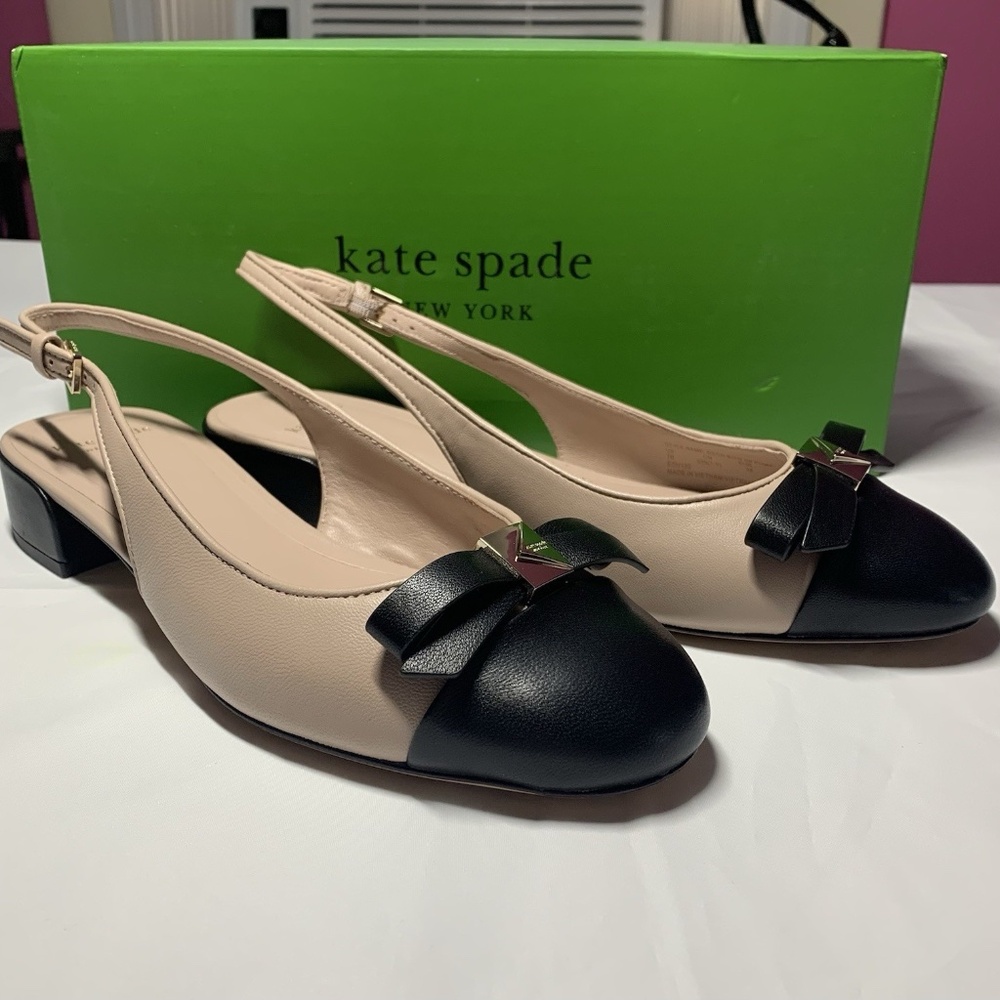 Kate Spade Deco Bow Leather Slingback Pumps Women’s Sz 7 Pale Vellum New in Box